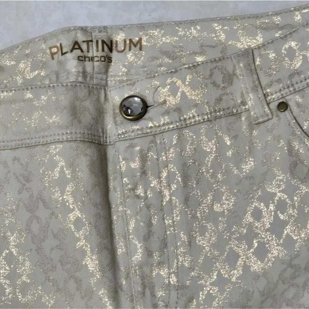 Chico's Platinum Gold Geometric Print Stretch Straight High Waist Jeans Size 6‎